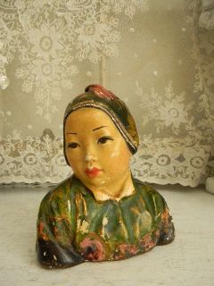 RARE 1920s Esther Hunt Asian Girl Chalkware Bust Jonquil Orig Paint
