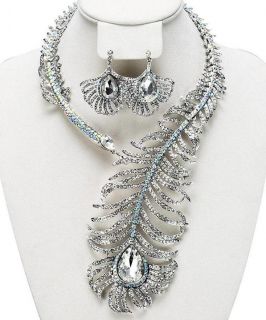 GLAMOROUS CRYSTAL PEACOCK FEATHER NECKLACE AND EARRING SET *NEW*