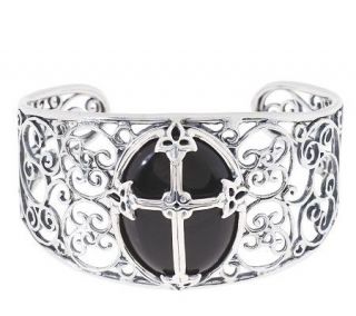 American West Gemstone Ornate Filigree Sterling Cross Cuff Bracelet 