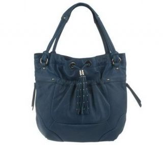 Makowsky Glove Leather Drawstring Tote with Tassel and Stud Detail