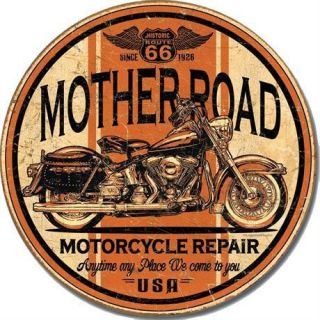 Mother Road Rt 66 Motorcycle Repair Vintage Round Metal Tin Sign