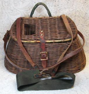Vintage 1940s Woven Wicker Fishing Creel with Original Straps