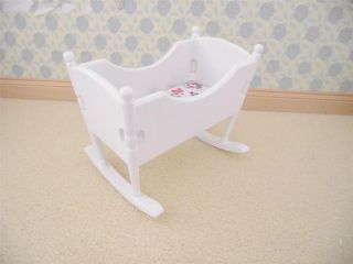 MINIATURE DOLL HOUSE FURNITURE WHITE WOODEN ROCKING BABY CRIB NEW