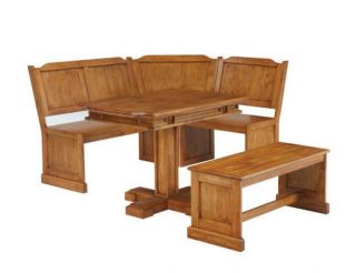 Distressed Oak Breakfast Nook Corner Bench Pedestal Dining Table Set