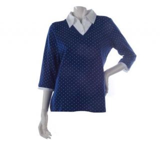 Denim & Co. 3/4 Sleeve Knit Duet Top with Dot Print and Woven Trim 