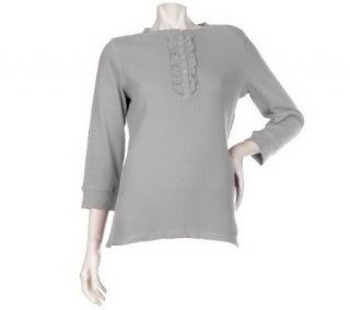Denim & Co. 3/4 Sleeve Henley with Ruffle Detail   A94525