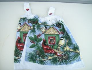 Kitchen Dish Towels With Crochet Tops Cardinals Bird House Winter