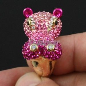 New Swarovski Crystals Cute Pink Hippo Hippopotamus Cocktail Ring 6#