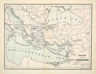 1894 Print Map Crusade Route Crete Edessa Black Sea Bulgaria Hungary