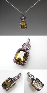  Olive Quartz, Amethyst & Diamond Pendant Solid 14K White Gold Jewelry