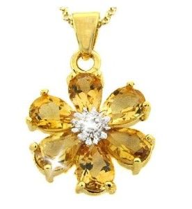 Citrine Diamond Flower Pendant Necklace 14k Yellow Gold Over 925