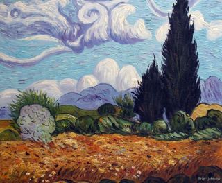 Cypress Trees Clouds Hills Famous Van Gogh Landscape Repro Oil