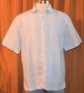 Cubavera Short Sleeve Light Blue Brown Beige Tan Stripe 100 Linen