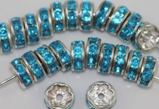 100pcs Silver Plated Lake Blue Crystal Rhinestone Spacer Beads 8mm