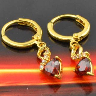 Beautiful 9K Gold Filled CZ & Ruby Heart Dangle Earrings,M157