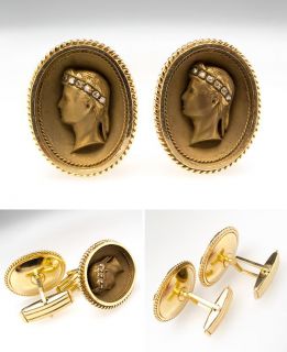 Vintage Mens Diamond Cufflinks Roman Bust Solid 14k Gold Fine Estate