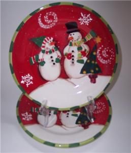 Crofton Christmas Snowmen Red 2 Bread Plate Tree Winter