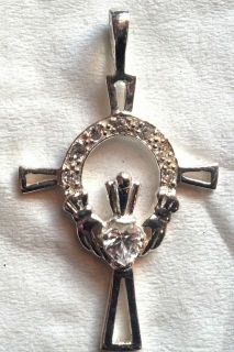 Incredible CZ Claddaugh Cross Charm Pendant Sterling Silver