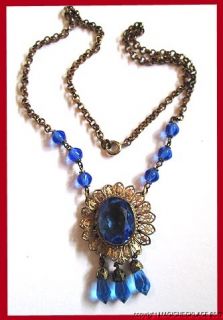 Gorgeous Old Vintage Czech Necklace Spphire Blue Glass Filligree