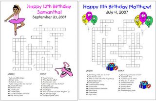 Kid Birthday Party Custom Crossword Puzzles Games Favor
