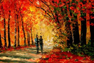 Landscape Autumn Trees Path Leaves Knife Original Art Oil Painting