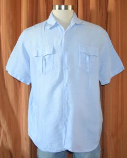 Cubavera Short Sleeve Light Blue Linen Rayon Blend Button Front Shirt