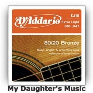 DAddario EJ10 80 20 BRONZE Acoustic GUITAR Strings 1 SET Extra LIGHT