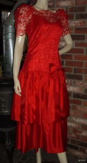 Vintage 80s s Red Lace Prom Dress Ruffles Bow Bridal Originals Puff