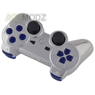 Chrome Silver Custom Housing Shell for PS3 Controller with Blue