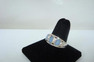 Sterling Silver 925 Band Ring with 3 Oval Shape Blue Opal Color Stones