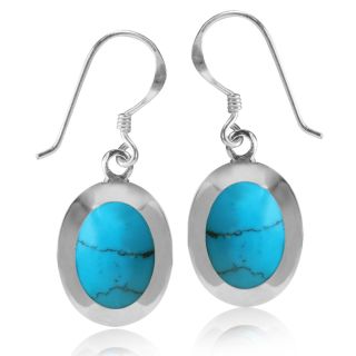 Oval Shape Blue Turquoise 925 Sterling Silver Dangle Hook Earrings