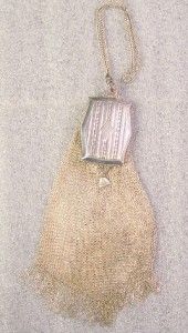 Antique Whiting Davis Silver Mesh Bag with Compact Mirror