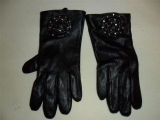 Cynthia Rowley Womens Black Leather Gloves w Studded Rose Detailing Sz