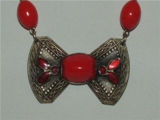 Vintage Art Deco Red Art Glass and Enamel Filigree Necklace