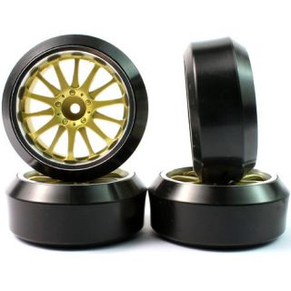 Gold and Chrome wheels with drift tyres suit 1 10 RC Tamiya HBX 14S