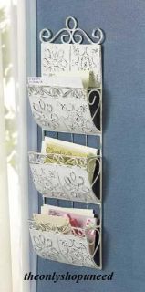 ANTIQUE WHITE METAL LETTER ORGANIZER WALL RACK MAIL HOLDER NEW