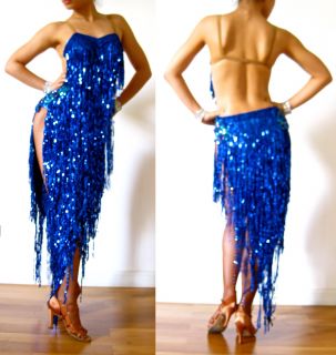 Blue Latin Salsa Rumba Shiny Fringe Pro Dance Dress