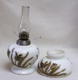  Miniature Kerosene Lamp & Matching Shade Gold Iris on Milk Glass