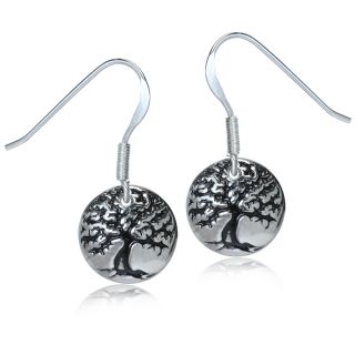 925 Sterling Silver Tree of Life Circle Dangle Earrings QBJJ