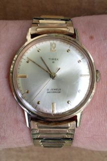 Vintage Timex 21 Jewel Manual Wind Watch w 10K GF Gold Band Waterproof