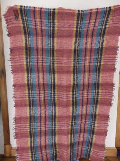 Vintage 50s Anna Davies UK Made Wool Plaid Blanket Fringe Throw 37 x
