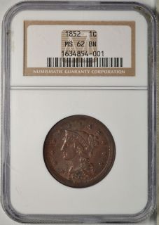  1852 Braided Hair Large Cent NGC MS62BN