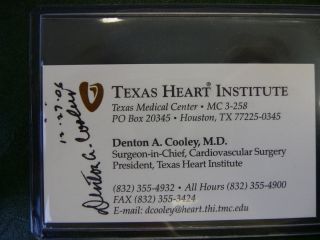 DR. DENTON COOLEY MD signed business card autographed Heart Transplant