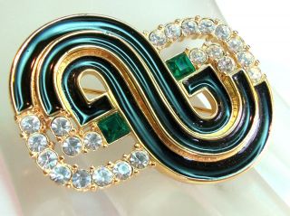 Elegant Black Gold Enamel Swirl Design Brooch Sparkly Crystals Vintage