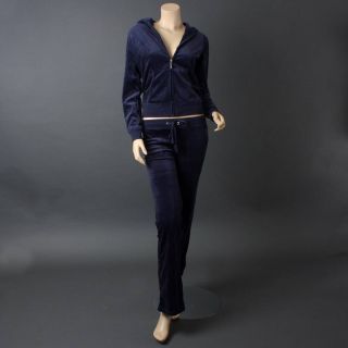 Navy Blue Velour Designer Long Sleeve Woman Tracksuit Jacket Pants Set