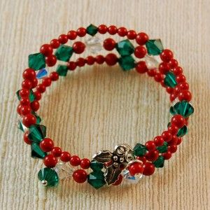 Christmas Holly Berry Coil Wrap Bracelet Made with Swarovski Crystals