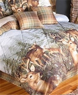 Plaid Hunting Lodge Cabin Deer Queen Comforter Set