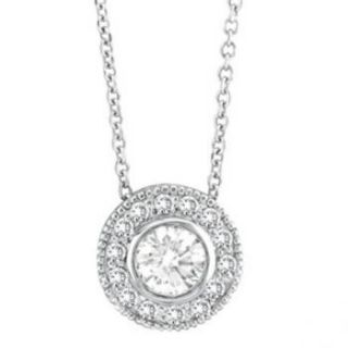   Set Round Cut Diamond Circle Pendant Necklace 14K White Gold Women