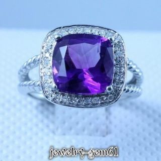 Cushion 9 9mm Solid 14kt White Gold Natural Diamond Amethyst