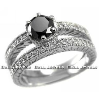 Matching 1 65ct Black Diamond Engagement Ring Wedding Set 14k White